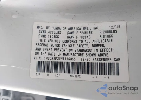 2017 Honda Accord Lx z USA, uszkodzony, nr VIN 1HGCR2F30HA116855